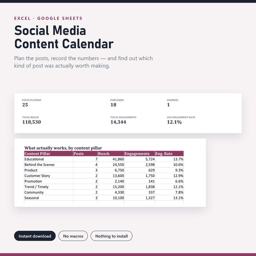 Social Media Content Calendar — screenshot of the real thing
