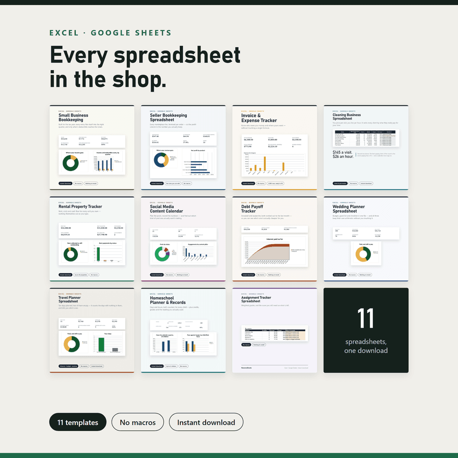 Complete Bundle, 11 Spreadsheets — a screenshot of the real file, not a mockup
