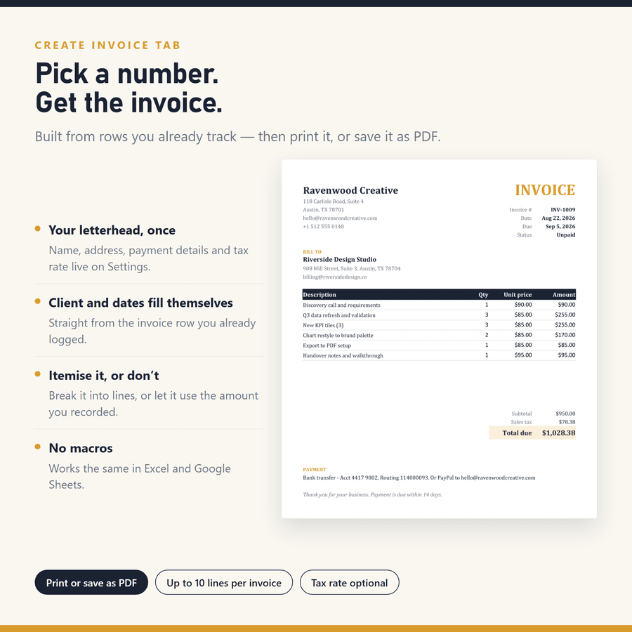 Invoice Tracker & Generator — a second screenshot of the real file